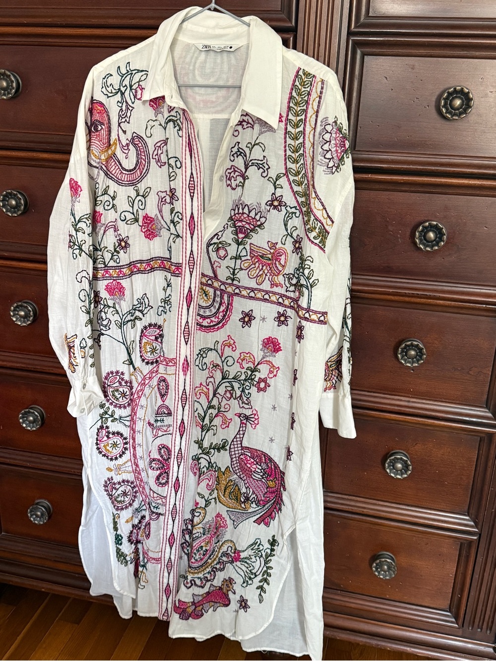 Zara White Midi Dress with Pink & Green Paisley Embroidery